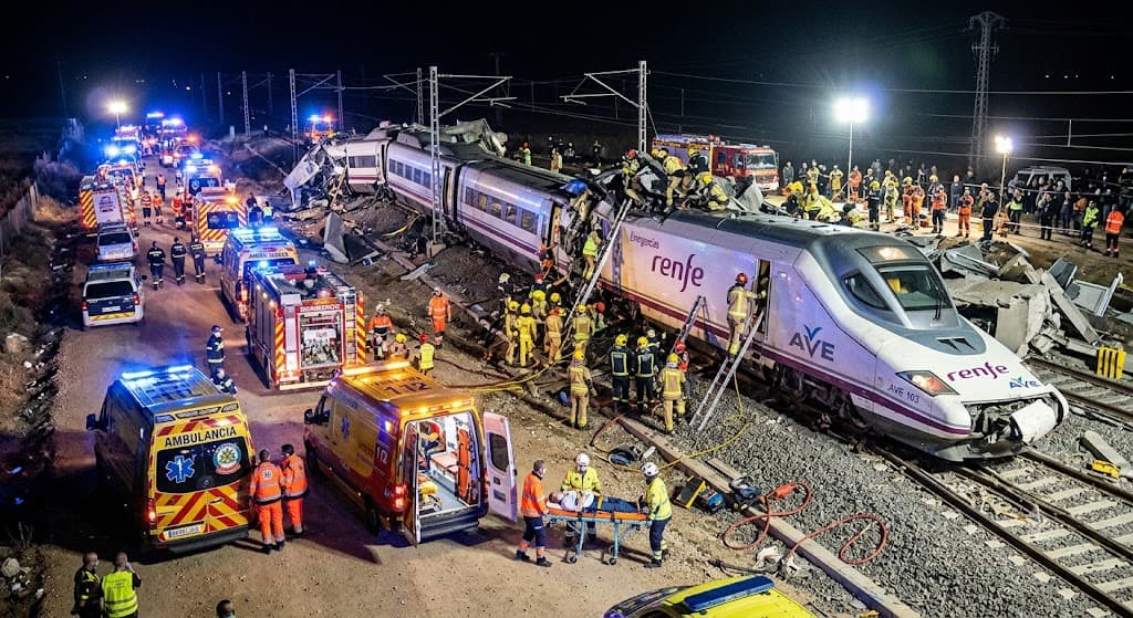 Emergency response at the scene of a high-speed train collision in Spain